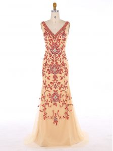 Mermaid Chiffon Sleeveless With Train Prom Dress Sweep Train and Beading and Embroidery