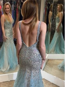 Custom Design Mermaid Backless Floor Length Multi-color Prom Evening Gown Tulle Sleeveless Beading