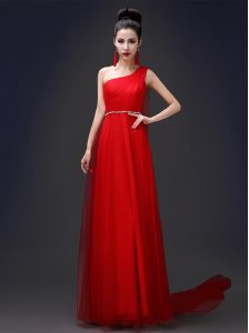 One Shoulder Sleeveless Tulle Floor Length Zipper Evening Dress in Red with Beading