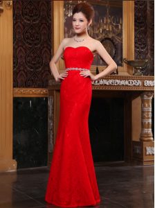 Noble Mermaid Lace Floor Length Zipper Evening Dress Red for Prom and Party with Beading
