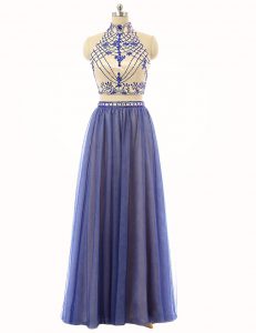 Trendy Blue Sleeveless Floor Length Beading Zipper Evening Dress