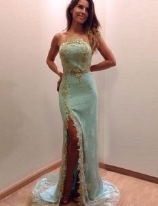 Shining Scoop Turquoise Sleeveless Lace Brush Train Zipper Prom Dress for Prom