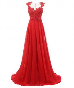 Red V-neck Zipper Appliques Prom Evening Gown Brush Train Sleeveless
