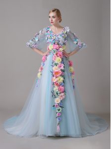 Half Sleeves Organza With Train Court Train Zipper Evening Dress in Blue with Hand Made Flower