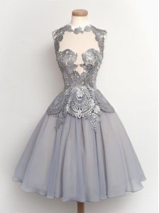 Dynamic A-line Prom Evening Gown Grey Scalloped Chiffon Cap Sleeves Knee Length Zipper