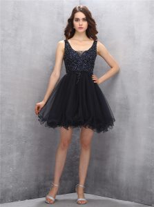 Free and Easy Black A-line Square Sleeveless Tulle Mini Length Zipper Beading Prom Dress