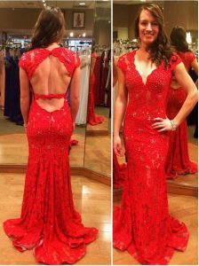 Mermaid Red Sweetheart Neckline Lace Prom Dresses Cap Sleeves Backless