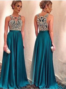 New Style Scoop Teal Zipper Prom Gown Appliques Sleeveless Floor Length