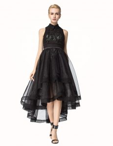 Colorful Black Tulle Zipper High-neck Sleeveless Asymmetrical Evening Dress Lace