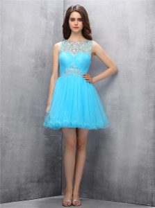 Hot Selling Blue Tulle Zipper Scoop Sleeveless Mini Length Prom Evening Gown Beading