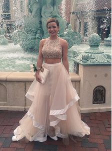 Scoop Sleeveless Zipper Prom Evening Gown Champagne Tulle
