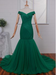 Sophisticated Mermaid Off the Shoulder Sleeveless Tulle Court Train Zipper Prom Evening Gown in Green with Ruching
