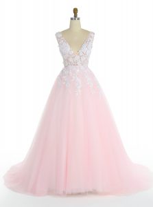 Admirable Pink A-line Tulle V-neck Sleeveless Appliques With Train Zipper Sweep Train