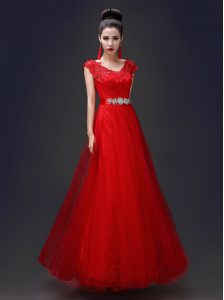 Scoop Sleeveless Lace Up Prom Party Dress Red Tulle and Lace