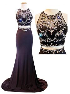 Affordable Purple Prom Gown Prom and Party and For with Beading and Appliques Scoop Sleeveless Court Train Zipper