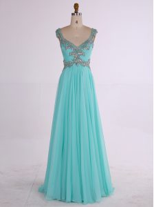 High End Aqua Blue A-line Chiffon V-neck Sleeveless Beading Floor Length Zipper Prom Evening Gown