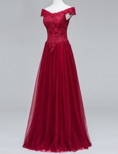 Adorable Wine Red A-line V-neck Short Sleeves Tulle Floor Length Zipper Lace Prom Evening Gown