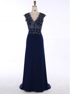 Sumptuous Chiffon V-neck Sleeveless Sweep Train Zipper Appliques Prom Evening Gown in Navy Blue