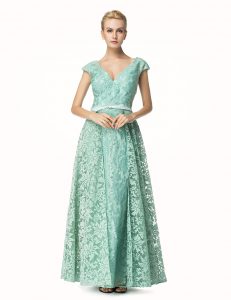 Stunning Turquoise A-line V-neck Cap Sleeves Lace Zipper Pleated Prom Party Dress