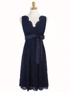 Attractive Lace V-neck Sleeveless Zipper Sashes ribbons and Bowknot Dress for Prom in Navy Blue