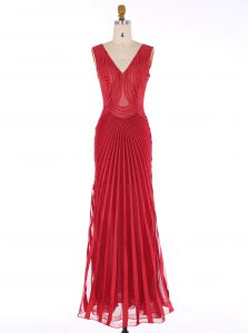 Mermaid Red Chiffon Zipper V-neck Sleeveless Floor Length Evening Dress Sequins