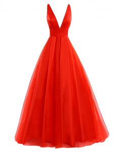 Popular Pleated Coral Red Evening Dress V-neck Sleeveless Brush Train Zipper