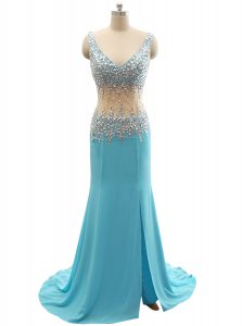 Romantic Mermaid Aqua Blue V-neck Zipper Beading Prom Evening Gown Brush Train Sleeveless