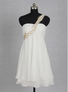 White Wedding Party and For with Appliques and Ruching One Shoulder Sleeveless Zipper