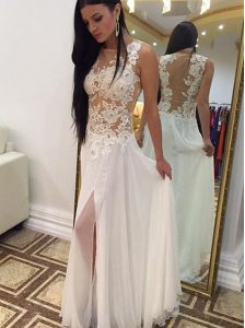 Affordable White Zipper Scoop Appliques Prom Evening Gown Chiffon Sleeveless