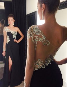 Mermaid Black Homecoming Dress Prom and For with Beading One Shoulder Long Sleeves Sweep Train Side Zipper
