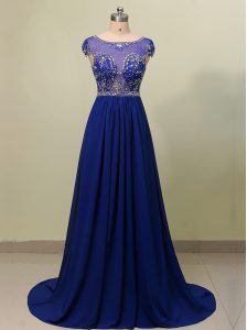 Low Price Scoop Beading Prom Party Dress Royal Blue Zipper Cap Sleeves With Brush Train