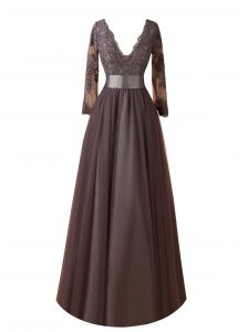 Noble Long Sleeves Floor Length Zipper Dress for Prom Brown for Wedding Party with Lace