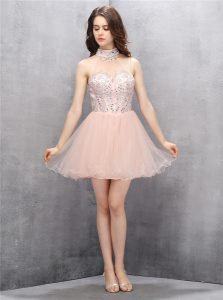 Baby Pink Prom Dresses Prom and Party and For with Beading and Sequins High-neck Sleeveless Zipper