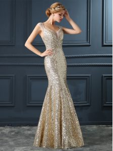 Customized Mermaid Sequins V-neck Sleeveless Zipper Prom Party Dress Champagne Sequined