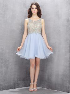 Scoop Sleeveless Chiffon Mini Length Zipper Evening Dress in Light Blue with Beading and Sequins