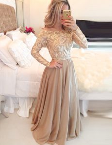 Great Scoop Chiffon Long Sleeves Floor Length Prom Evening Gown and Beading and Lace