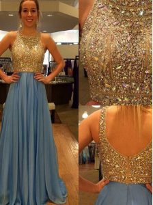 Deluxe Scoop Blue Sleeveless Brush Train Sequins With Train Prom Dresses