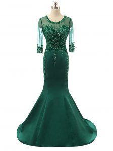 Mermaid Satin Scoop 3 4 Length Sleeve Brush Train Zipper Beading Evening Dress in Green