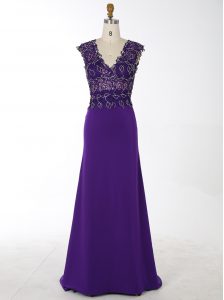 Mermaid Purple Sleeveless With Train Beading Zipper Prom Gown