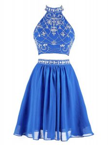 A-line Dress for Prom Blue High-neck Chiffon Sleeveless Mini Length Zipper