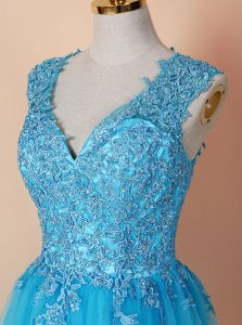 Fashionable Knee Length Blue Prom Gown V-neck Sleeveless Zipper