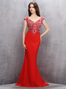 Mermaid Sequins With Train Red Prom Dress V-neck Sleeveless Sweep Train Zipper