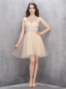 Scoop Knee Length Zipper Homecoming Dress Champagne for Prom with Beading