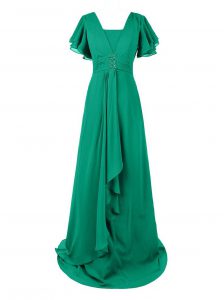 Fashionable Chiffon V-neck Short Sleeves Sweep Train Zipper Beading and Ruching in Green
