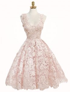 Best Baby Pink Lace Zipper V-neck Sleeveless Knee Length Prom Dress Lace