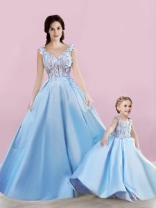 Baby Blue Lace Up Appliques Satin Sleeveless