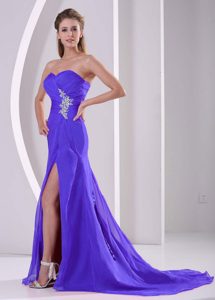Purple Sweetheart High Slit Chiffon Stylish Dress for Prom with Court Train