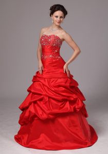 Red Strapless Floor length Prom Dresswith Beading and Pick-up