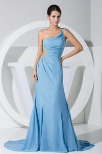 Discount Chiffon One Shoulder Prom Court Dress in Aqua Blue