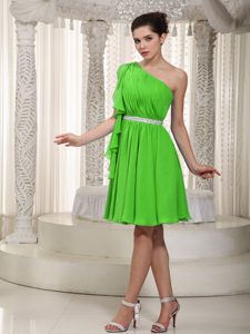 Spring Green Empire One Shoulder Mini-length Prom Party Dress in Chiffon